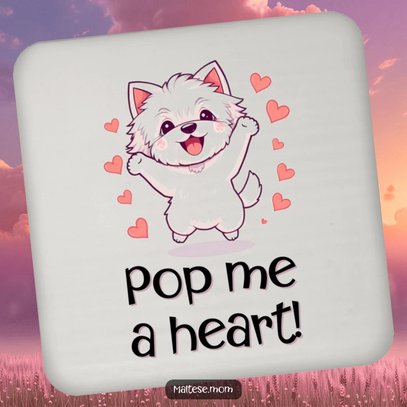 Funny Kawaii Maltese dog coaster, depicting a happy white dog mid-jump, surrounded by tiny hearts, a delightful addition to any surface.