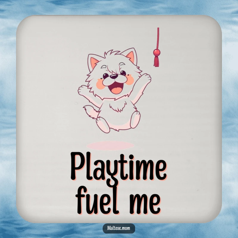 Funny Maltese coaster design of a Maltese dog energetically leaping towards a dangling string, capturing a moment of pure playful joy.