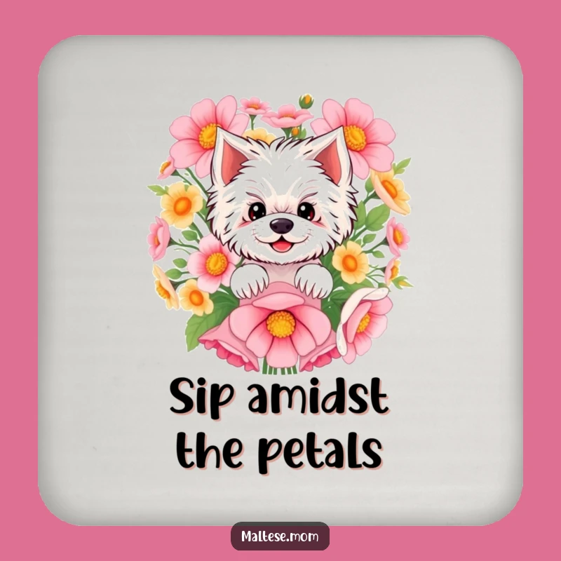 Funny Maltese Coaster: Table Protection with Pup Peeking from Flowers, Unique Funny Gift