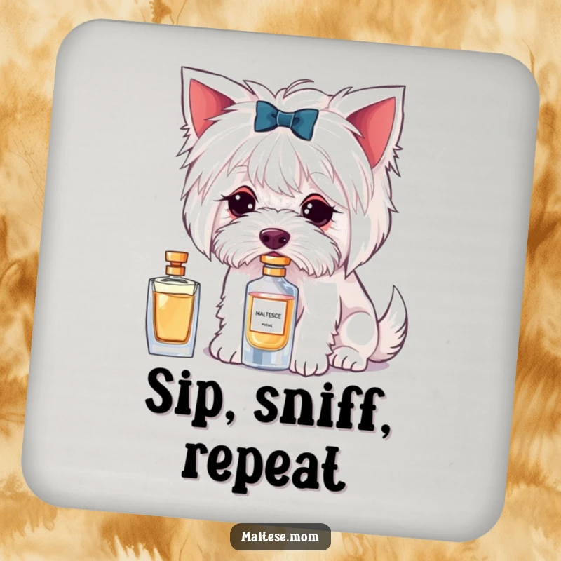 Funny drink coaster featuring a Maltese dog character delicately sniffing a perfume bottle, adding sophisticated charm.