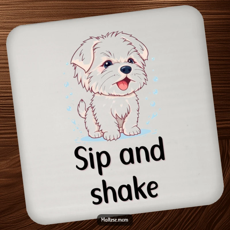 Funny drink coaster featuring a happy Maltese puppy energetically shaking off water droplets, adding playful decor.