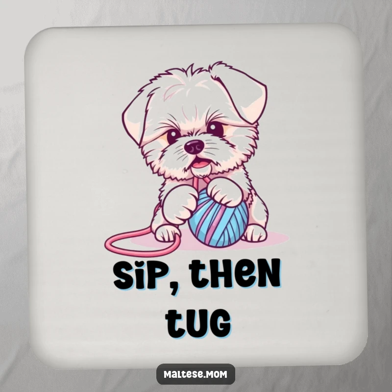 Funny Maltese puppy coasters: cute dog hilariously tangled in yarn, protecting furniture with playful charm and puppy antics.