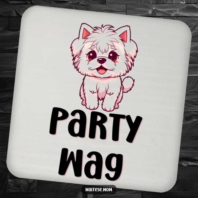 Funny Coaster Set with a small, fluffy Maltese dog character with an excited wagging tail, perfect for adding cheer.