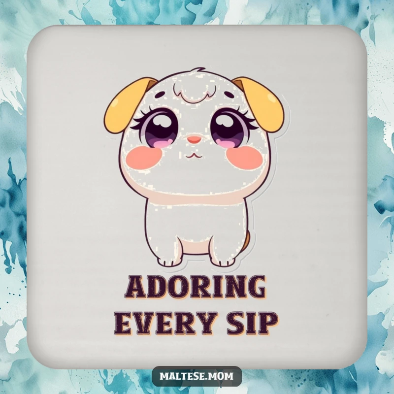 Funny drink coaster featuring a small character with large, wide, adoring eyes looking upwards, adding a cute and charming touch.