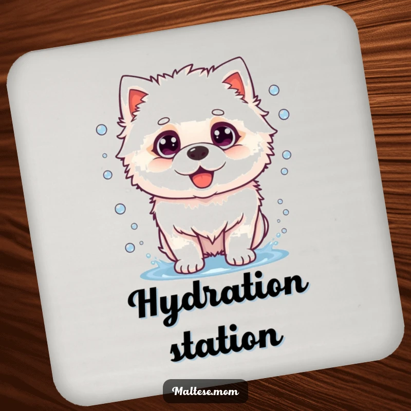 Funny dog coasters depicting a fluffy white dog mid-shake, water droplets flying, protecting surfaces with humor.
