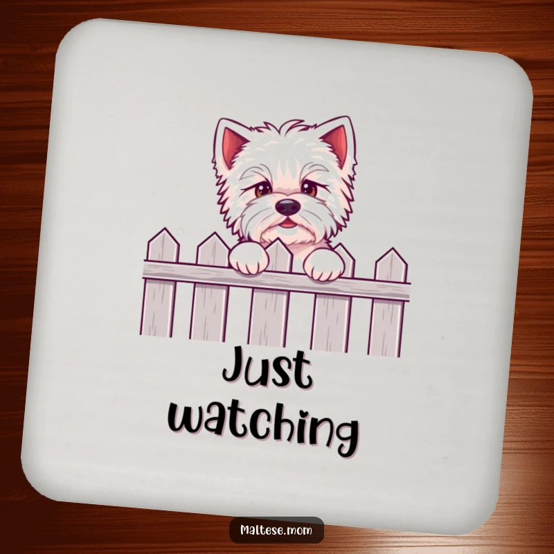 Funny Kawaii Maltese coasters featuring an eager puppy peeking over a fence, adding cute anticipation to your drink.