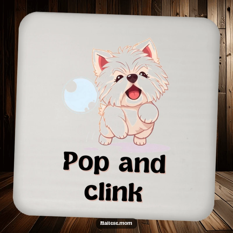 Funny Maltese dog coasters with a playful white dog joyfully chasing a shimmering bubble.