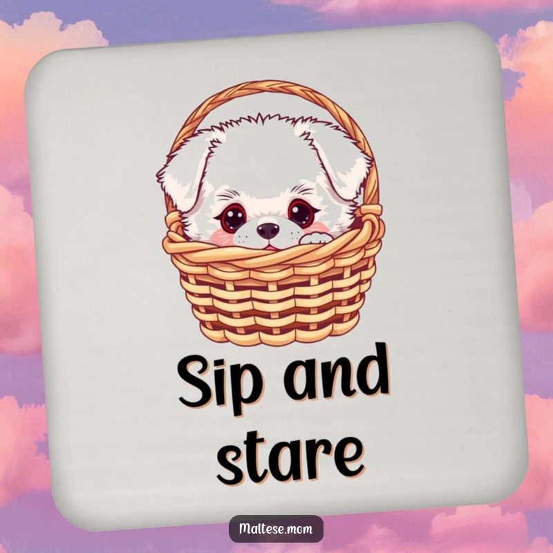 Funny white fluffy dog peeking from a miniature basket on a protective drink coaster, a charming and funny gift.