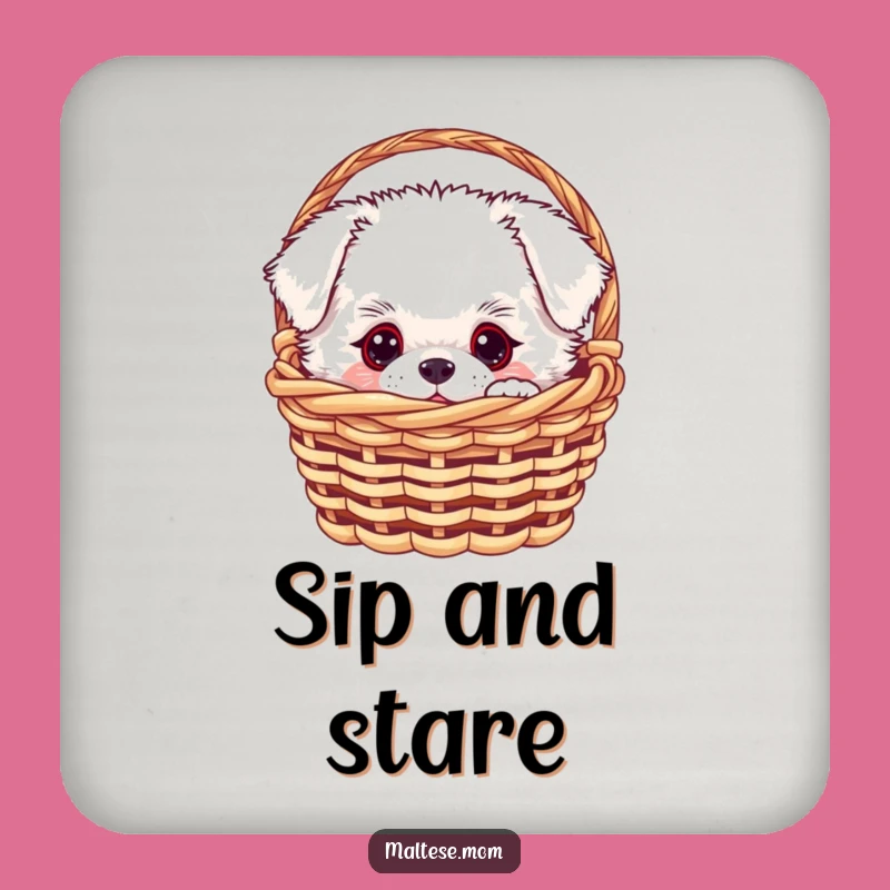 Funny White Fluffy Dog Coaster - Curious Pup Basket Drink Protector, Housewarming Gift