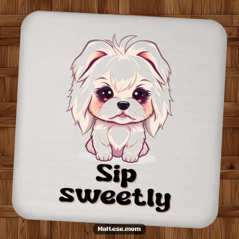 Funny Maltese Coaster set featuring a lady dog with a sweet, innocent gaze, adding a touch of gentle humor to drink protection.
