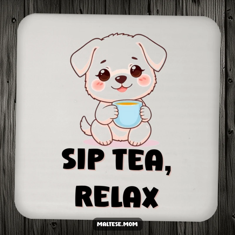Funny small white dog with sweet smile holding tiny teacup on drink coaster. Sweet table accessory, ideal funny gift.
