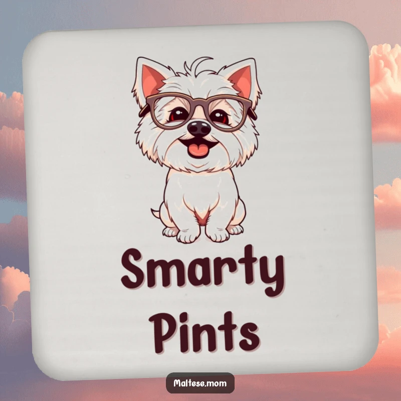 Funny Maltese dog coasters with a giggling white dog wearing oversized glasses and striking a silly pose.