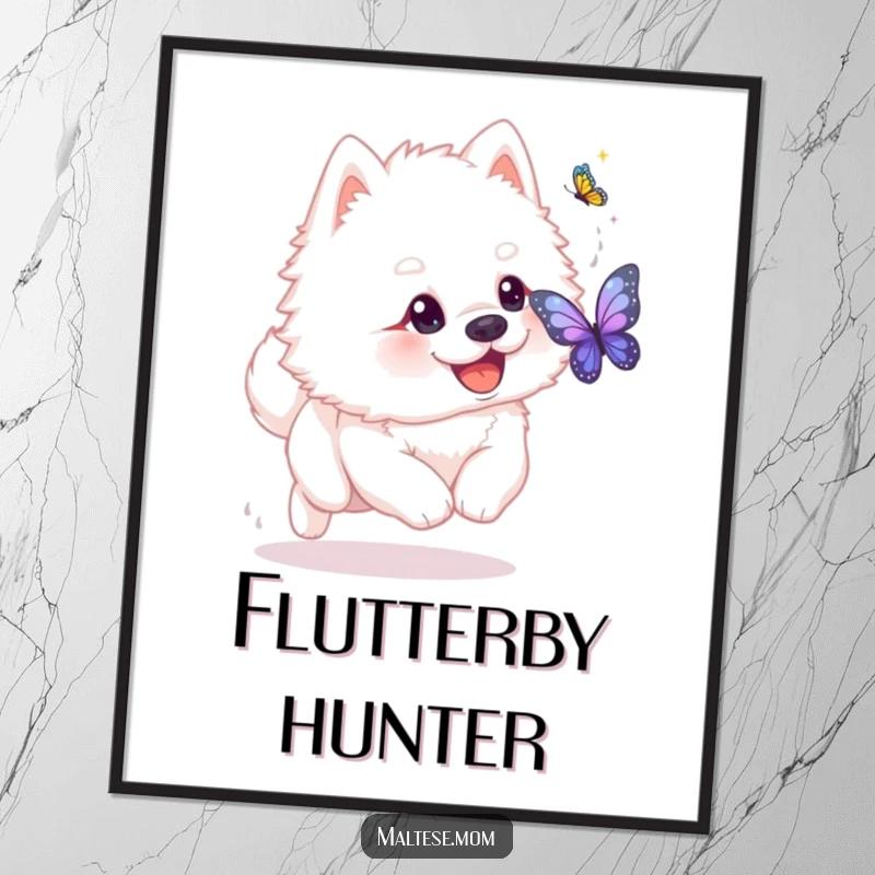 Funny fluffy white dog with playful glint chasing shimmering butterfly on poster. Joyful pet art, perfect funny gift.