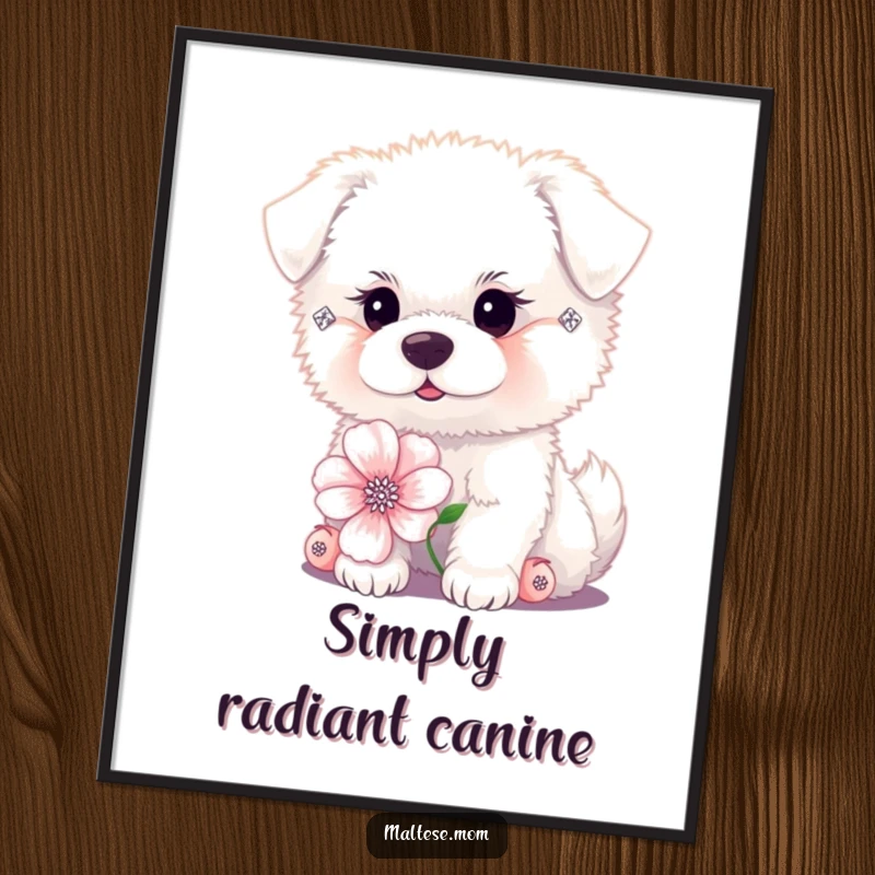 Funny tiny fluffy white dog with diamond earrings posing with a flower on a poster. Elegant pet art, perfect funny gift.