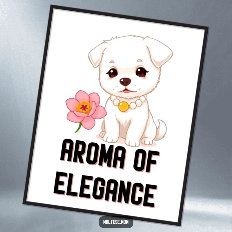 Funny small white dog with a pearl necklace sniffing a flower on a poster. Refined pet art, perfect funny gift.