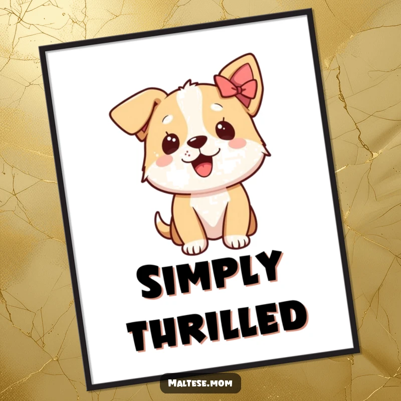 Funny poster showcasing an excited dog character wearing a tiny bow on its ear, radiating infectious, happy vibes.