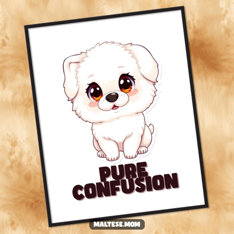Funny poster of a fluffy white dog with large, innocent eyes, tilting its head, symbolizing pure sweetness and charm.