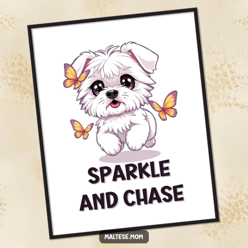 Funny Kawaii Maltese dog with wide, sparkling eyes, chasing a butterfly, a humorous and whimsical wall art piece.