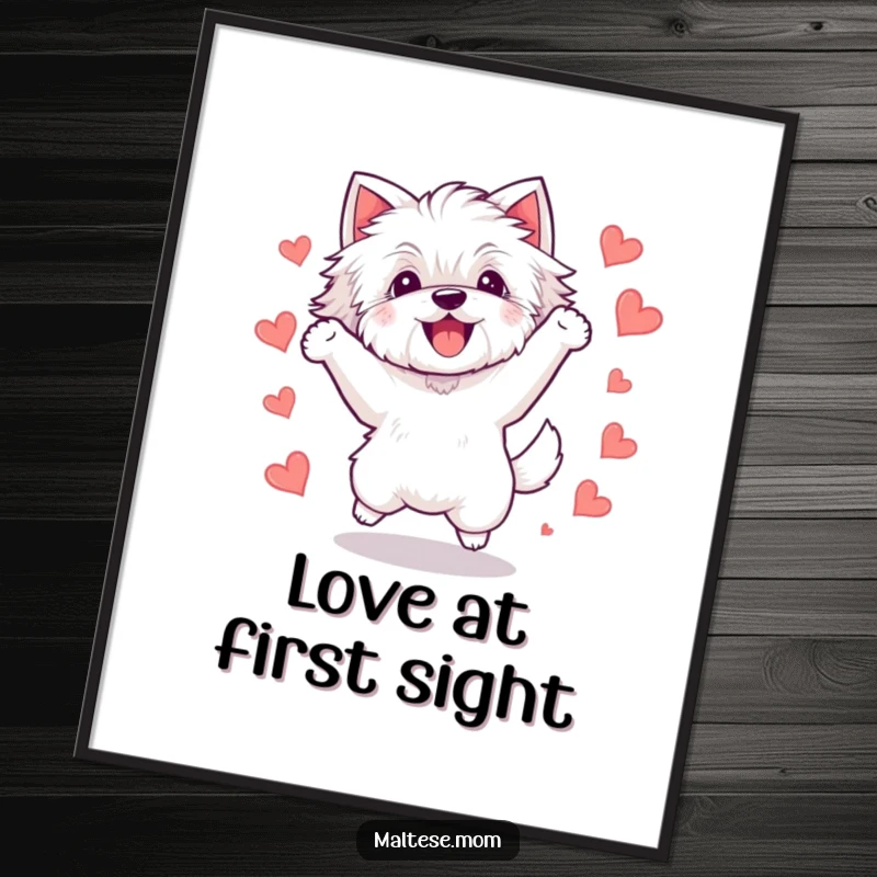 Funny Kawaii Maltese dog poster, featuring an illustration of a cute white dog mid-leap with pure delight, surrounded by tiny hearts.