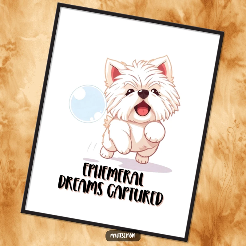 Funny Maltese dog poster of a playful white dog with a delighted expression, chasing a shimmering bubble.
