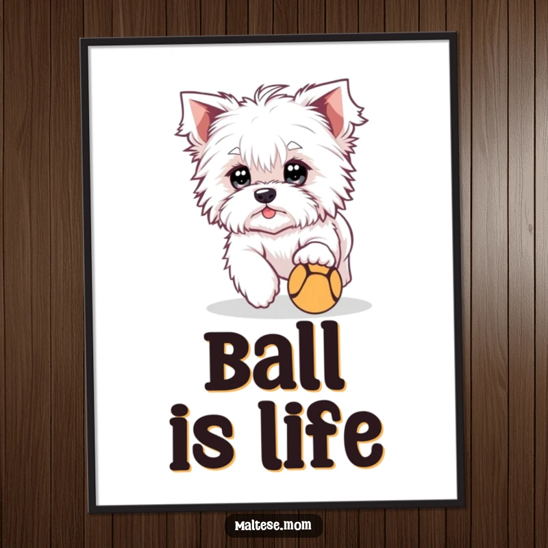 Funny Poster showcasing a cute Maltese dog character with bright eyes, playfully chasing a tiny ball, perfect for a lively atmosphere.