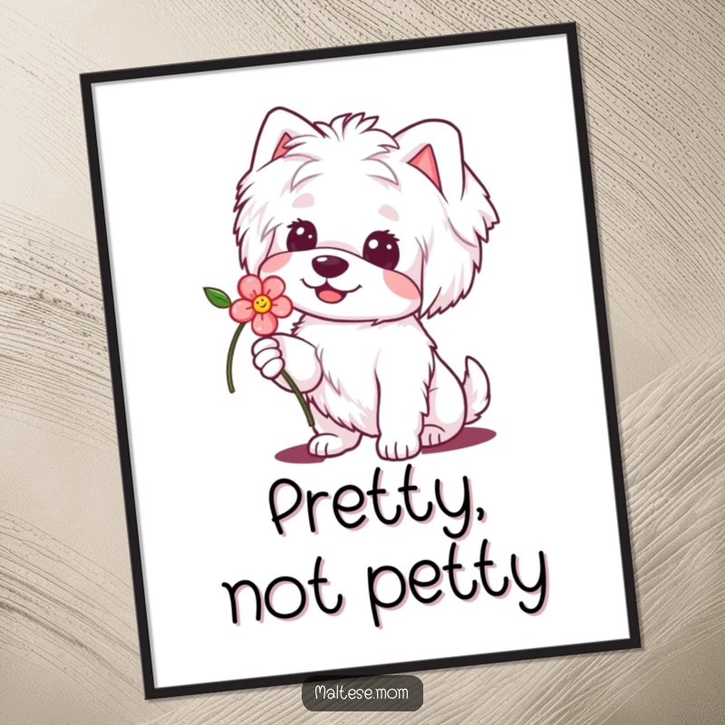 Funny Maltese Dog Poster: Illustration of a dog offering a flower with a sweet smile, evoking warmth and gentle humor.