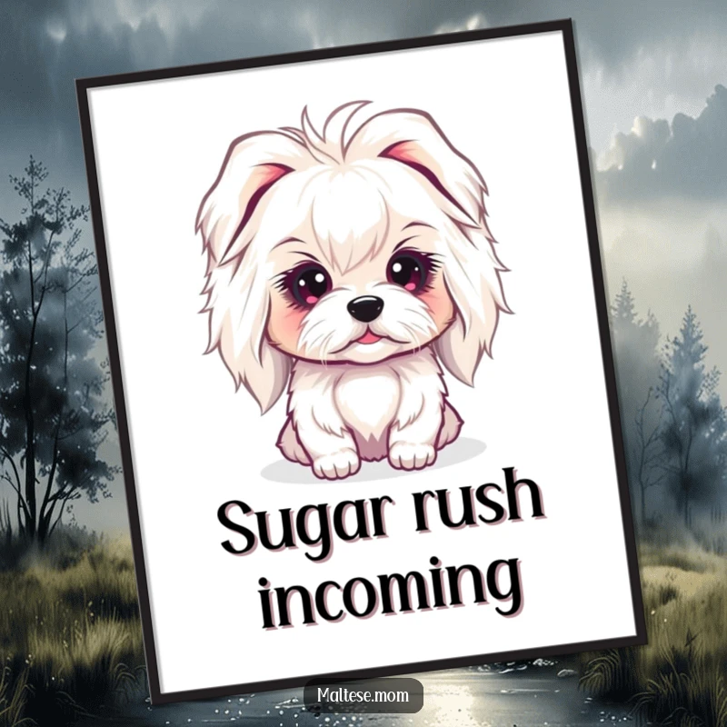 Funny Maltese Poster featuring a lady dog with a sweet, innocent gaze, perfect for adding gentle humor and charm to wall decor.