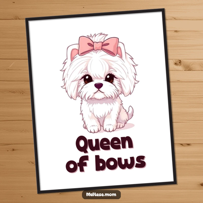 Funny Maltese lady dog poster art with a pink bow, posing regally, elegant and humorous.