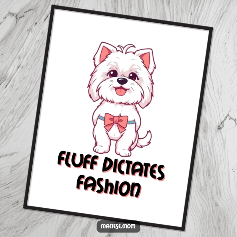 Funny Maltese poster print of a happy Maltese dog panting with delight, a tiny bow adding a pop of silly elegance to the artwork.