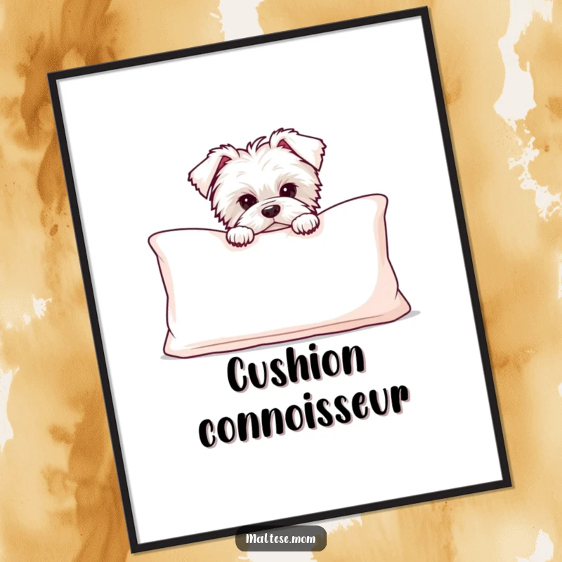 Funny Maltese puppy peeking out from behind a large, soft cushion, presented as playful and heartwarming wall art.