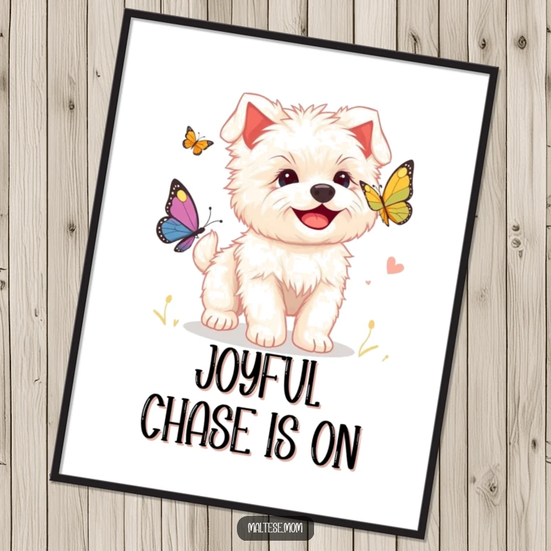 Funny poster capturing a smiling Maltese puppy in mid-chase of a beautiful butterfly, full of playful energy.