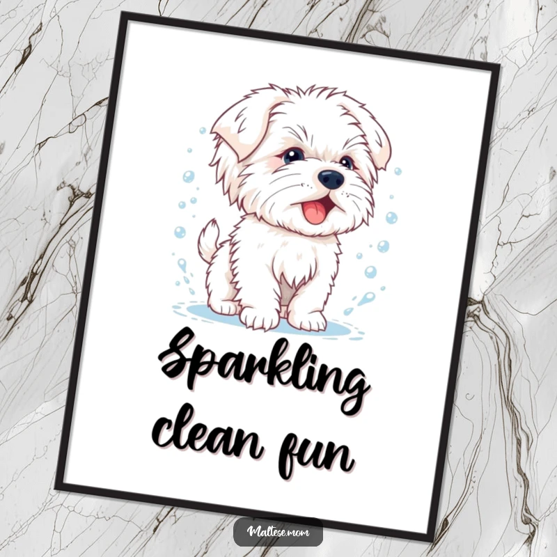 Funny poster featuring a happy Maltese puppy in the action of shaking off water droplets, looking refreshed and playful.
