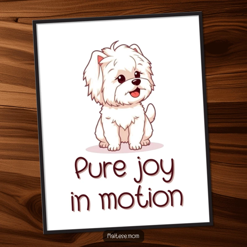Funny poster featuring a Maltese dog character with a fluffy tail wagging enthusiastically, perfect for cheerful wall art.