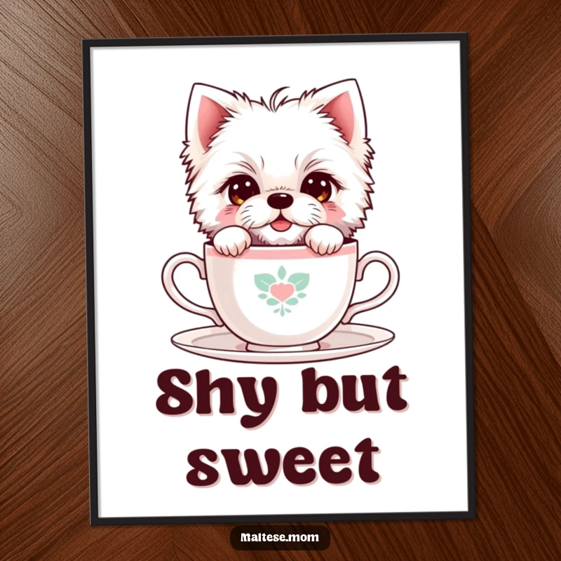 Funny Maltese Dog Poster: A shy Maltese dog peeks from behind a tiny teacup, offering a sweet and bashful smile.