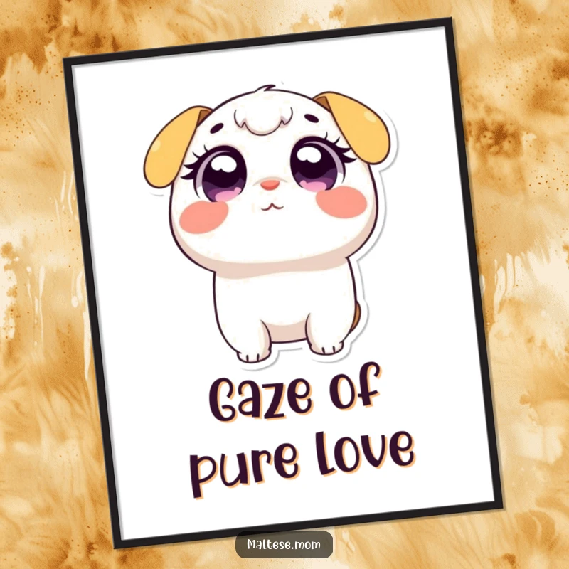 Funny poster art of a small, lovable character gazing upwards with large, expressive, wide adoring eyes, radiating innocence and charm.