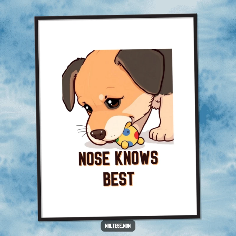 Funny Poster of a dog nudging a small, colorful toy with its wet nose, a sweet portrayal of playful interaction.