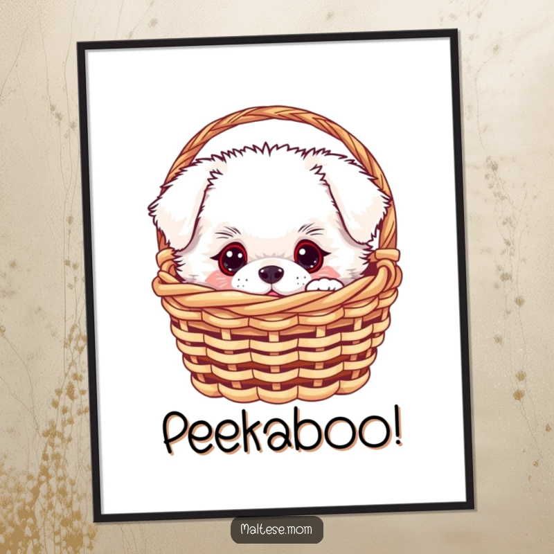 Funny white fluffy dog with curious eyes peeking out from a miniature basket, presented as humorous wall art poster, a funny gift.