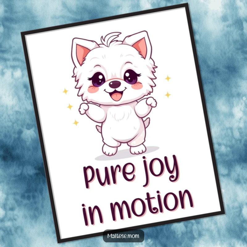 Funny Maltese puppy dancing energetically with sparkly eyes and a grin, presented as joyful and celebratory wall art.