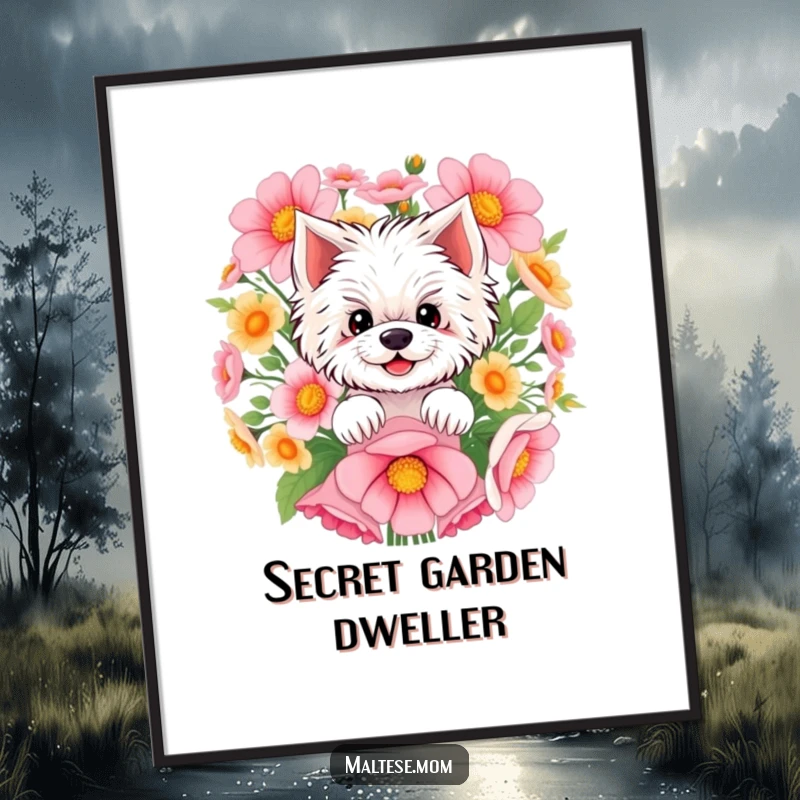 Funny Maltese poster art of a sweet Maltese dog peeking from behind a dense bouquet of flowers, with a gentle smile.