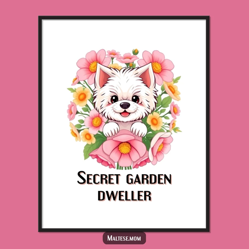 Funny Maltese Poster: Smiling Pup Peeking from Flowers Art, Charming Funny Gift