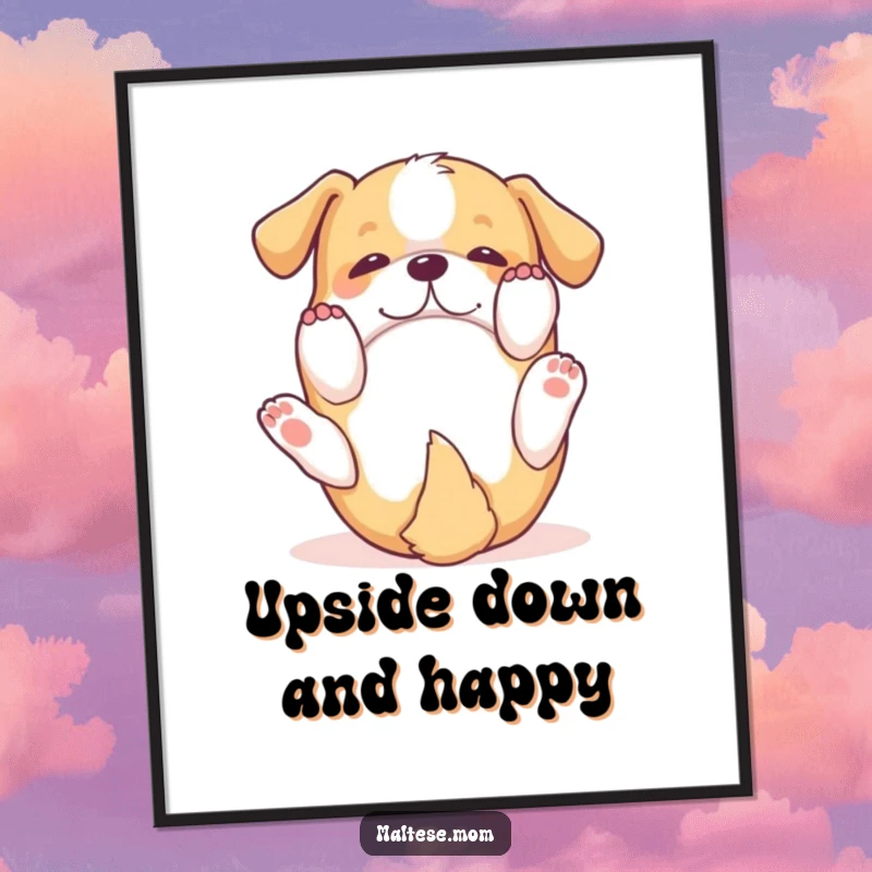 Funny Poster: A small dog rolls joyfully on its back, paws up in the air, embodying pure happiness and playful spirit.