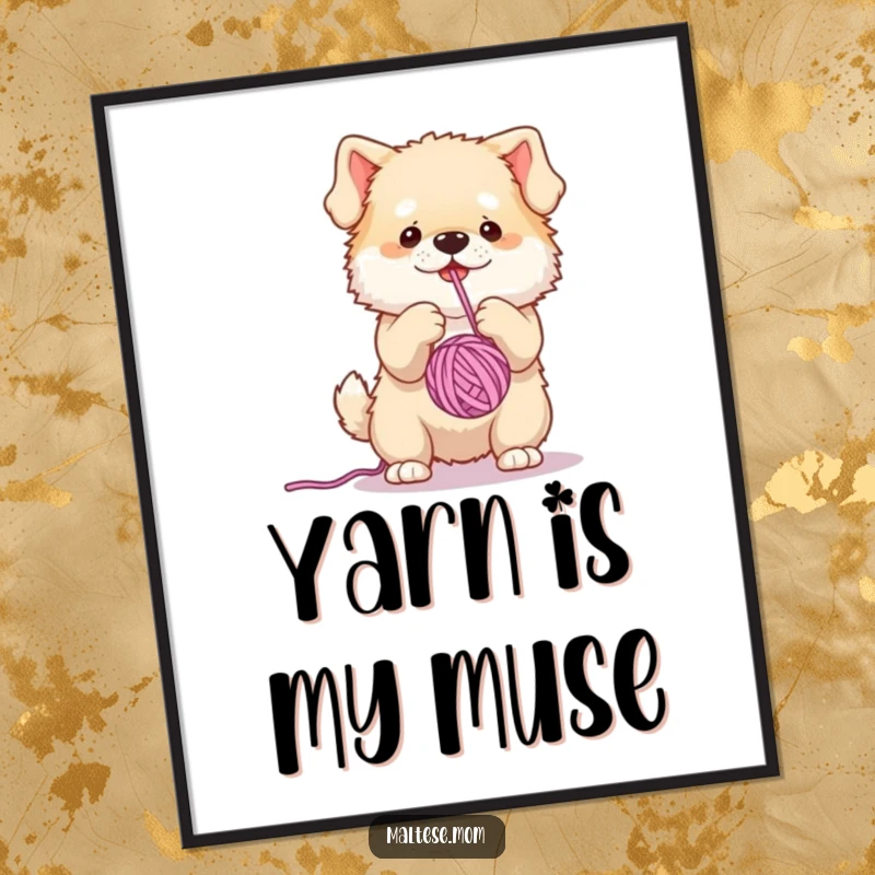 Funny poster print of a small, fluffy dog character in the midst of a comical yarn ball chase, adding cheerful energy.