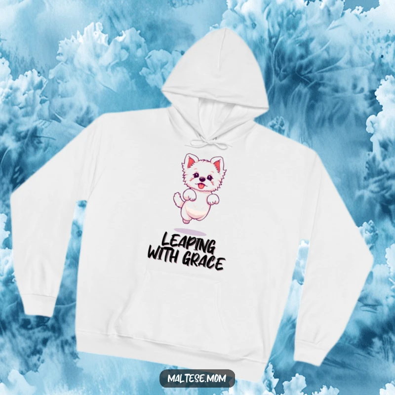 Funny hoodie with a Maltese dog character doing a tiny, elegant jump, perfect for cozy and graceful wear.