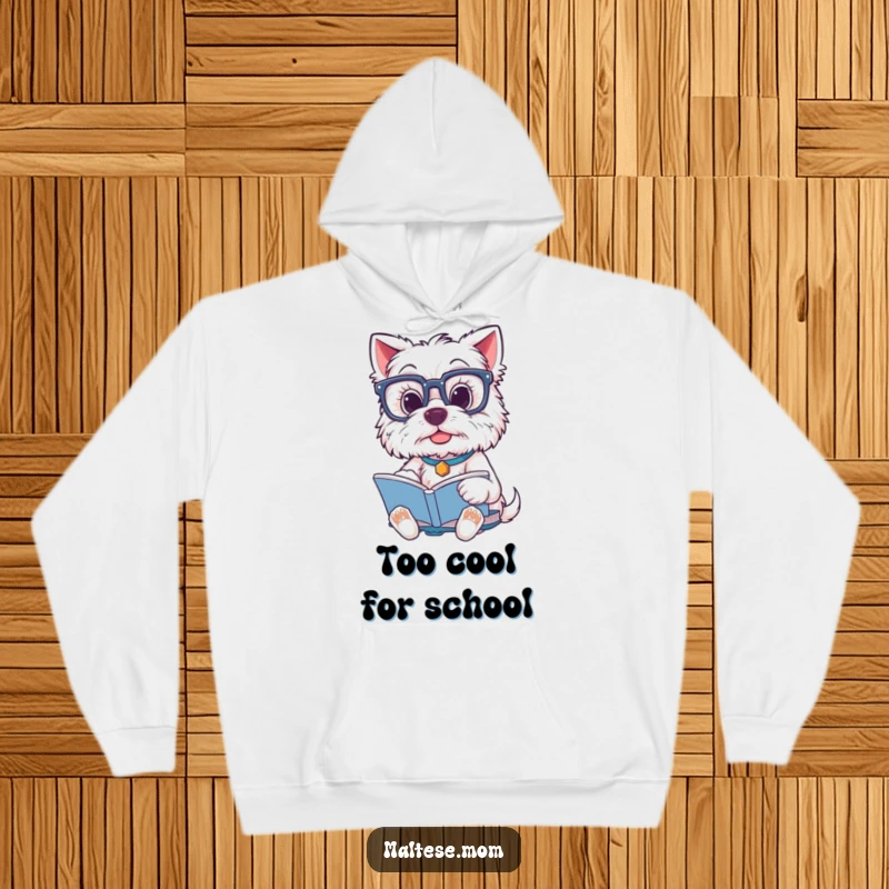 Funny Maltese Dog Hoodie: A cute Maltese dog wearing big glasses reads a book, blending warmth, humor, and intellect for cozy wear.