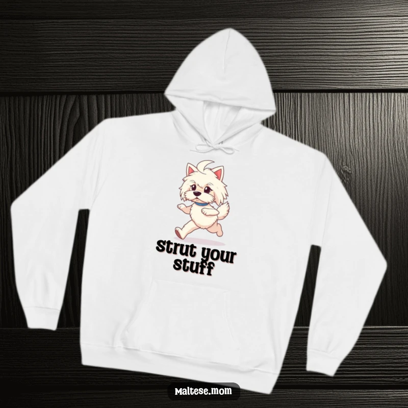 Funny Maltese lady dog hoodie, prancing with a determined stride, warm and comfortable.