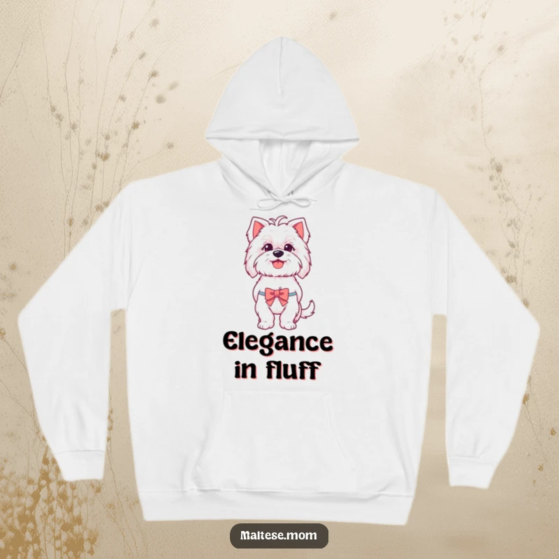 Funny Maltese hoodie depicting a cheerful Maltese dog in mid-pant, adorned with a tiny, jaunty bow, exuding pure puppy happiness.