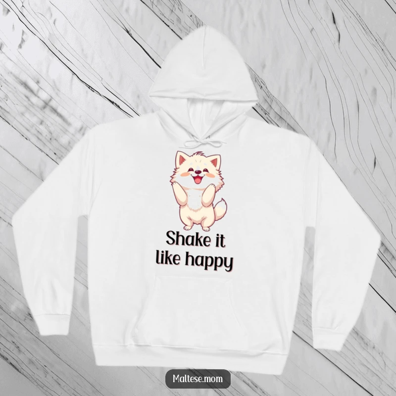 Funny Hoodie with a fluffy dog energetically shaking its head with a joyful expression, bringing warmth and humor.