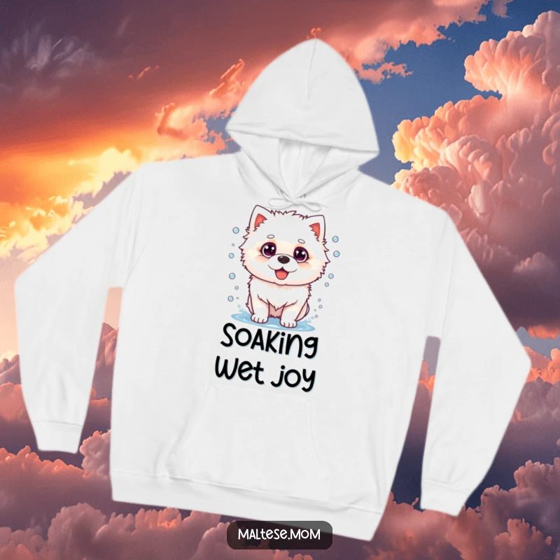 Funny dog hoodie depicting a fluffy white dog mid-shake, with water droplets spraying, perfect for cozy, humorous wear.