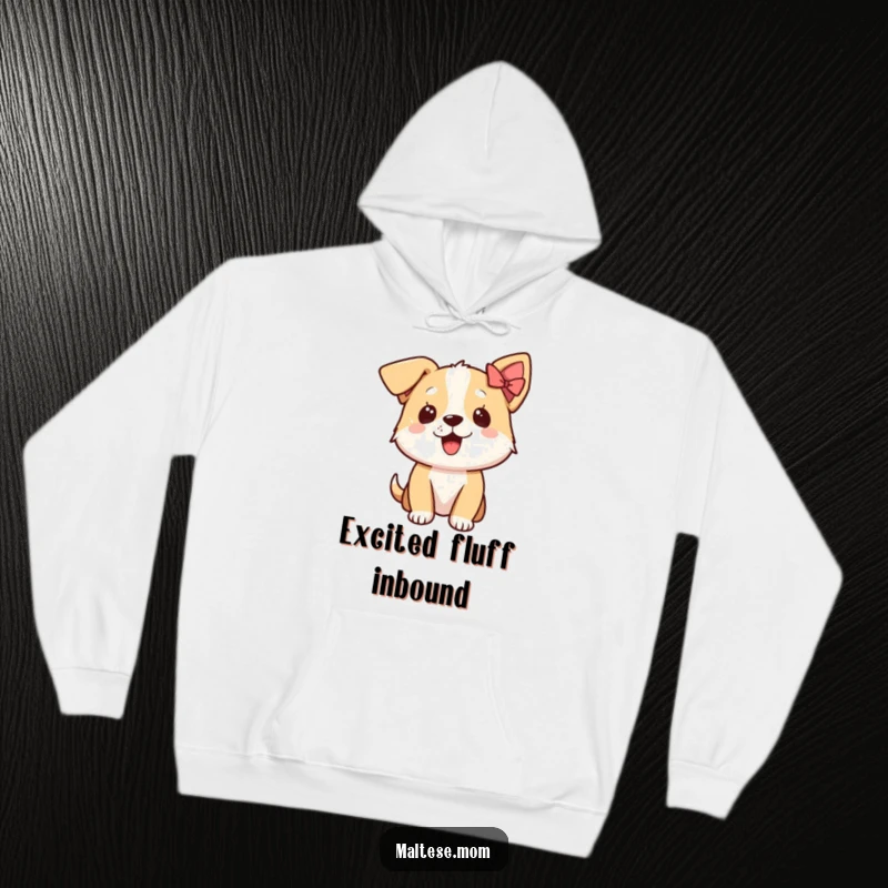 Funny, warm hoodie featuring an excited dog character adorned with a tiny bow on its ear, radiating pure, happy energy.
