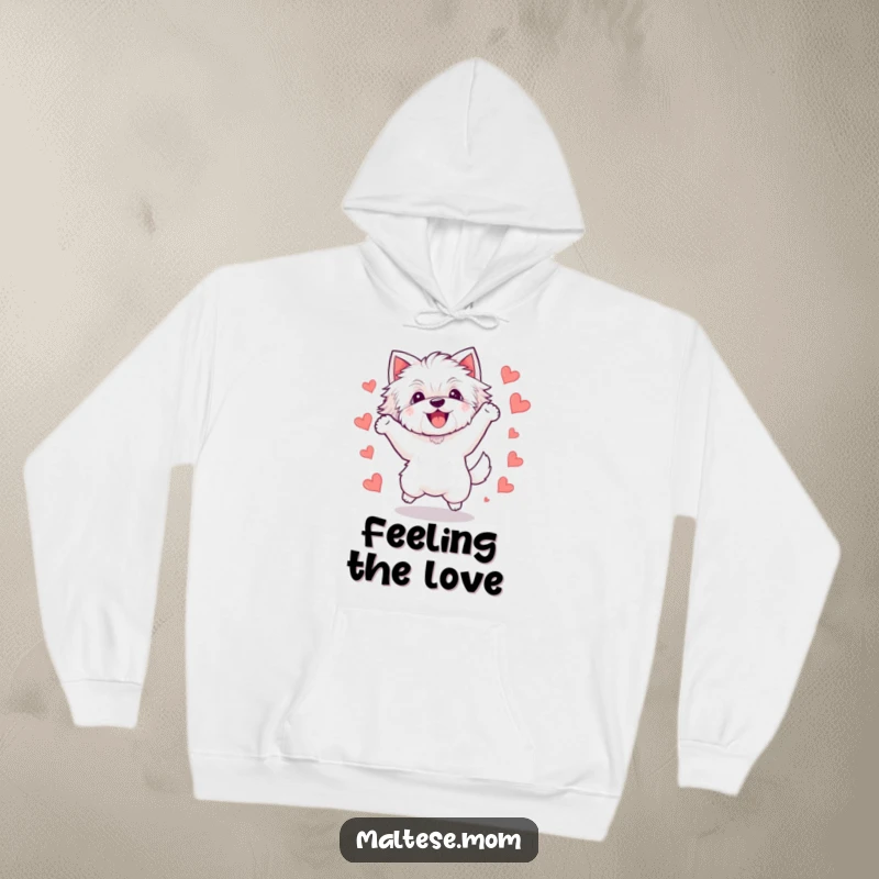 Funny Kawaii Maltese dog hoodie, illustration of a happy white dog mid-jump, encircled by tiny, sweet hearts, a symbol of pure delight.